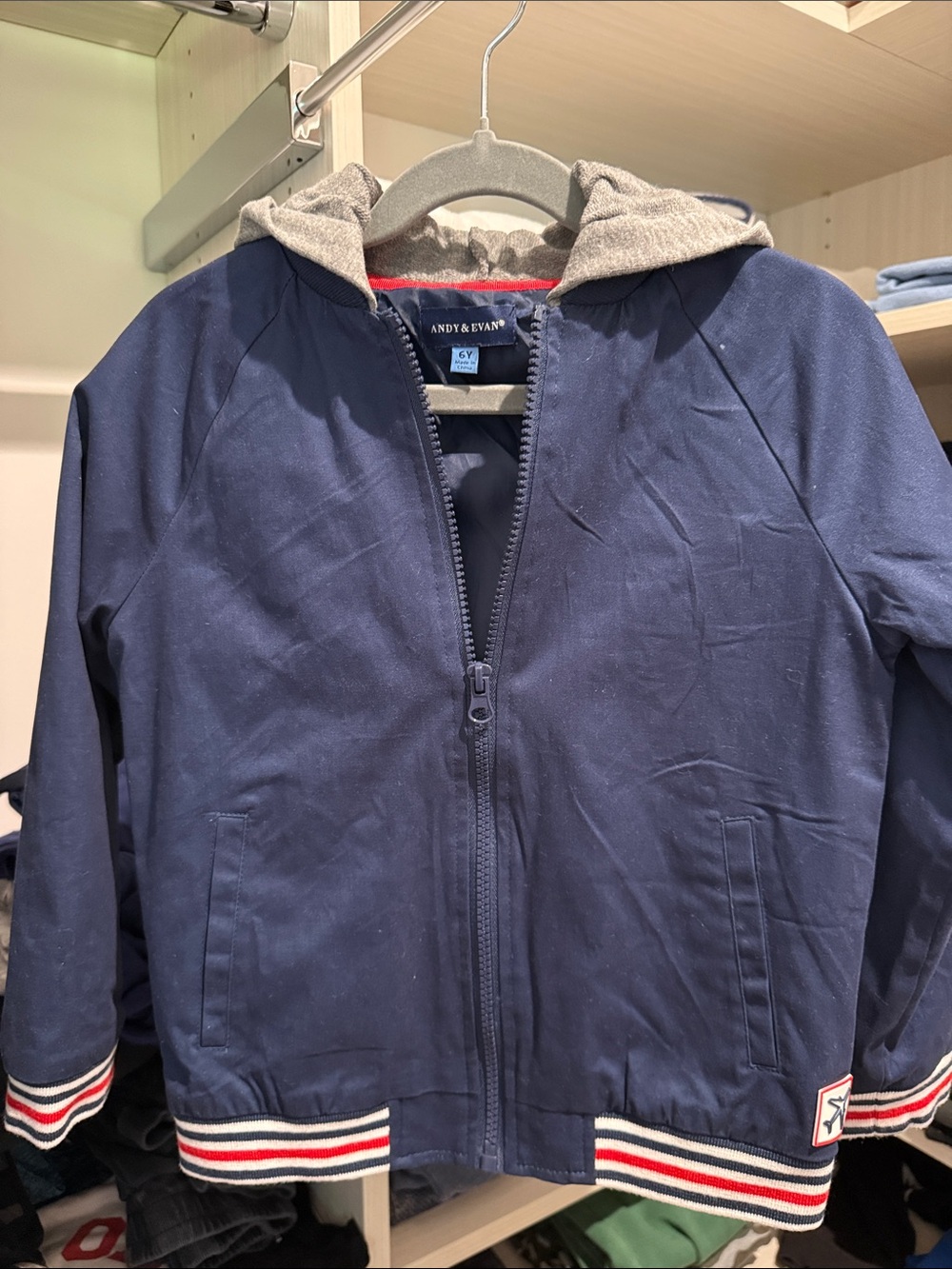 Andy & Evan Navy Hooded Jacket with Red & White Stripe Trim